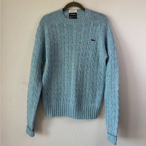 VTG 70s 80s IZOD Lacoste Cable Knit Sweater XL Blue 100% Shetland Wool Sakowitz - Picture 1 of 7